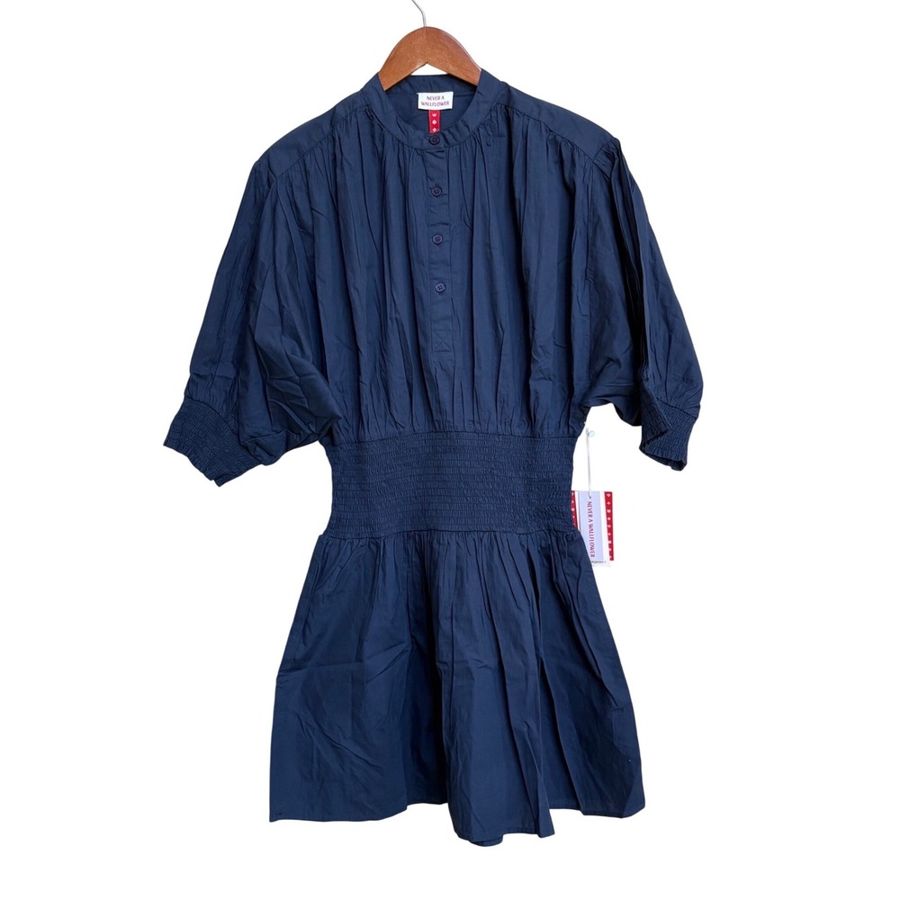 NWT Never A Wallflower Navy Blue Cotton Smocked Waist Puff Sleeve Dress L - Picture 2 of 8
